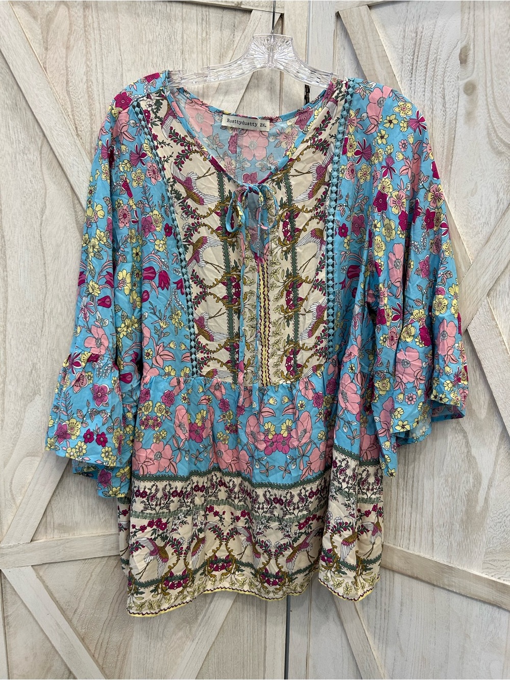 Boho Floral Tie-Neck Tunic in Aqua and Pink